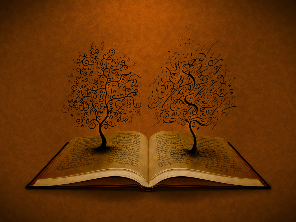 Books on the brown background and trees Backgrounds powerpoint backgrounds