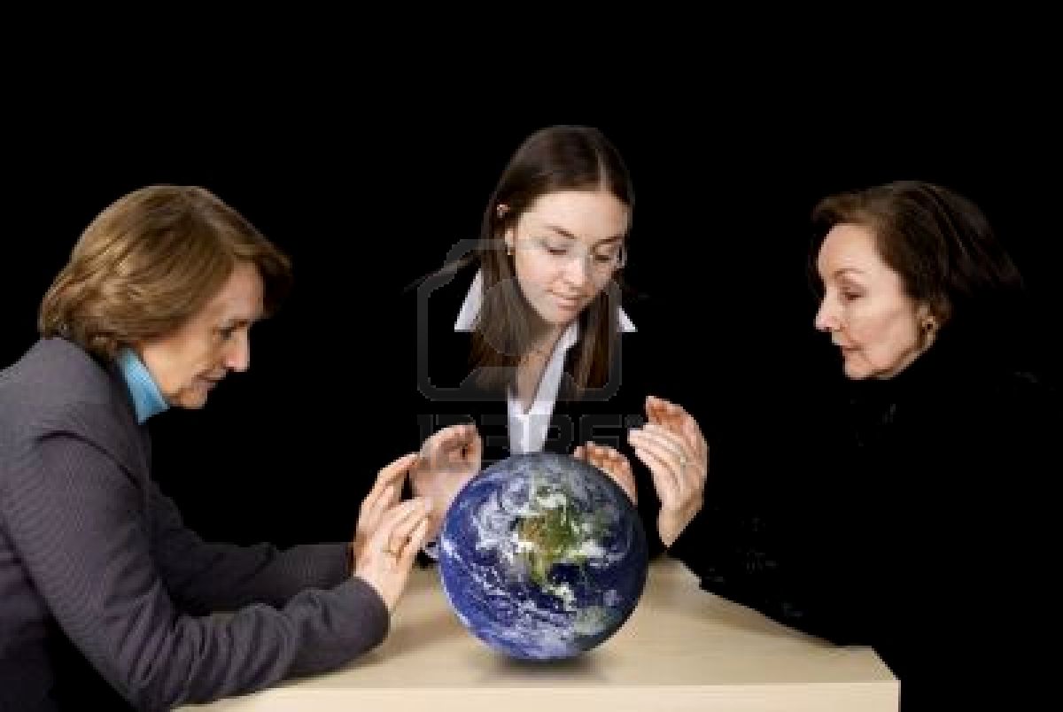Business female management team with hands over earth globe Backgrounds powerpoint backgrounds