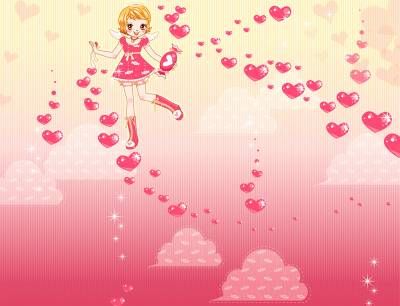 Girl Flying With Clouds Of Love Background