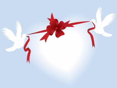 White Doves And Red Bow Background