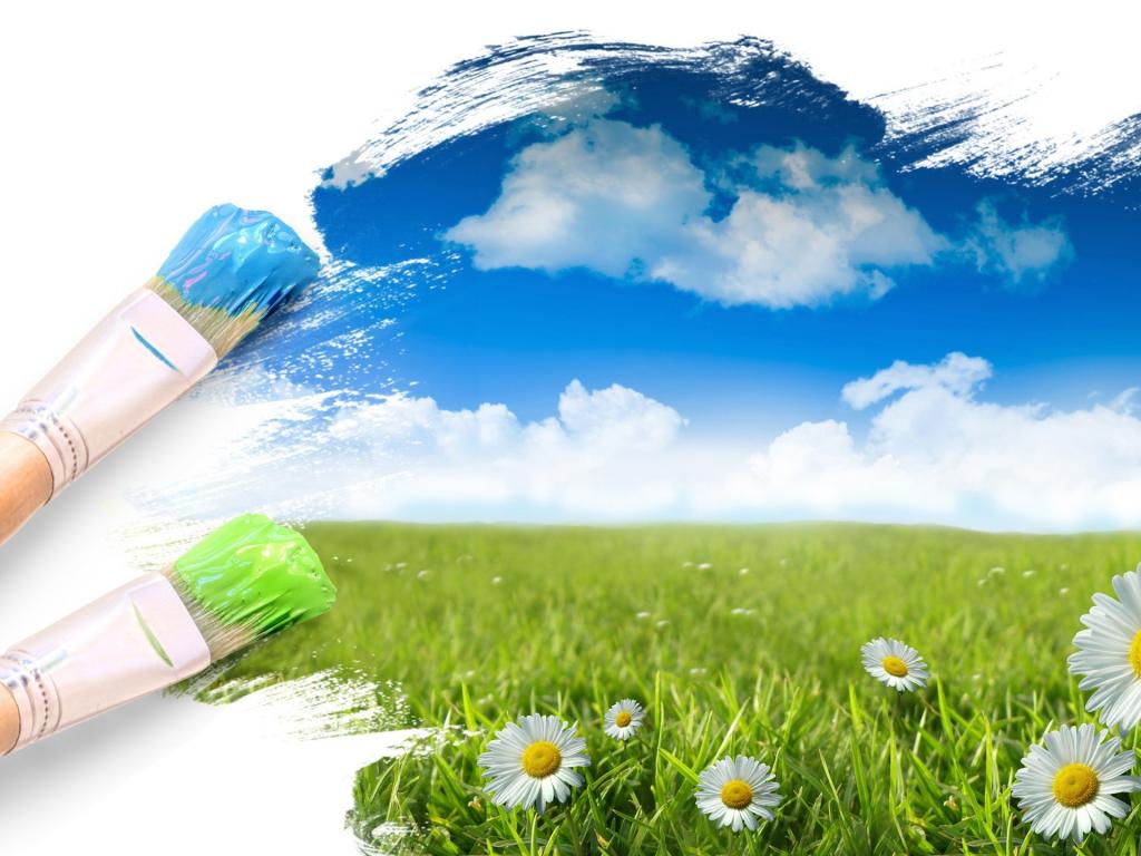 Painting life brushes blue green green blue and white daisy powerpoint background